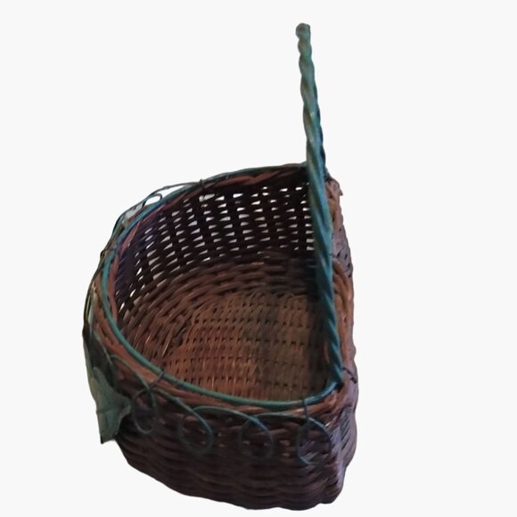 Brown Green Half Round Hanging Wicker Basket Green Metal Leaves Vintage 7 inch - Picture 7 of 11